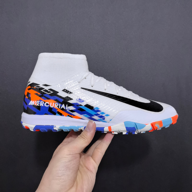 Chuteira Nike Air Zoom Mercurial Superfly 8 - Branca/Preto/Azul/Laranja